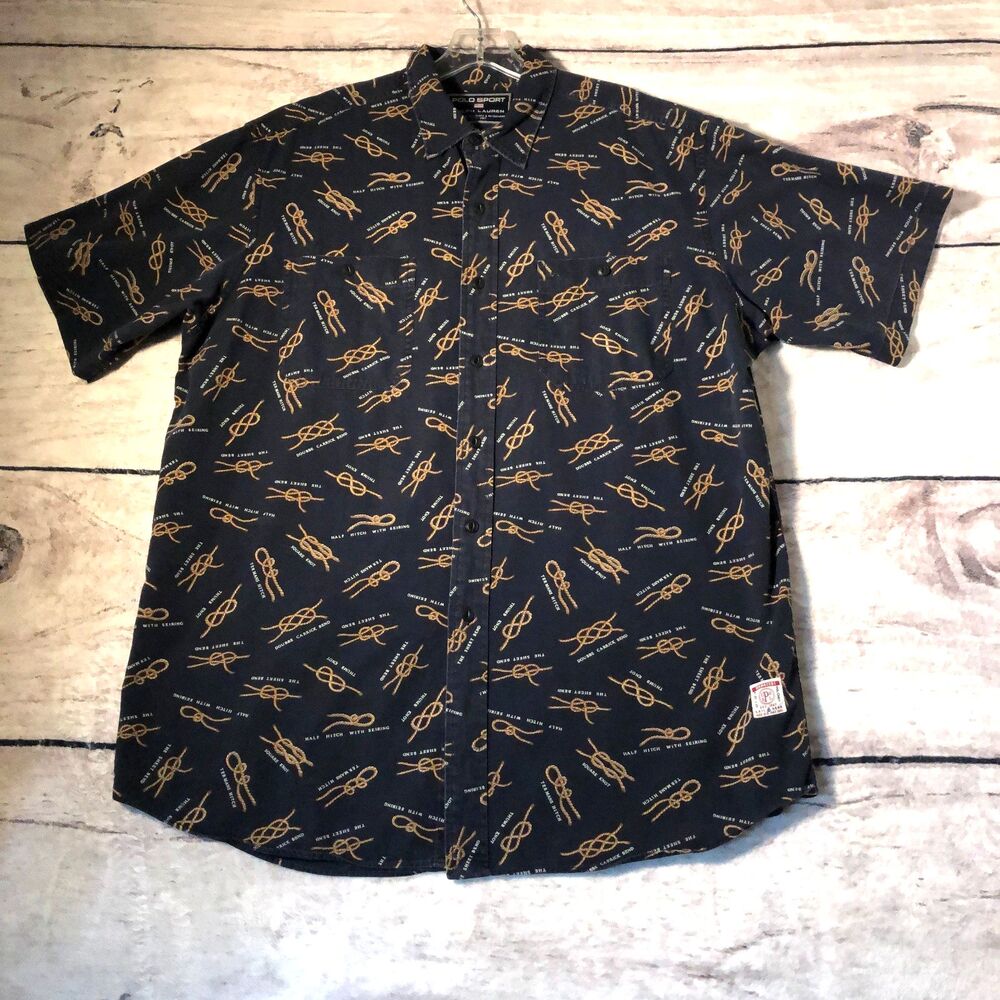 Polo Sport Ralph Lauren Shirt L Blue Button Up Sailing Knot Nautical Coastal Vtg